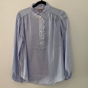 H&M Blue and White Striped Ruffle Blouse Feminine Top For Work Medium